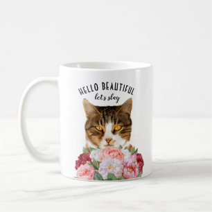 Funny Cat Flowers Hello Beautiful Coffee Mug