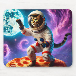 Funny Cat Flying A Pizza Astronaut Kitty Space Mouse Pad