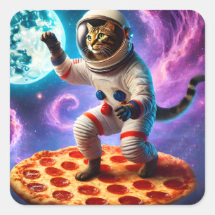 Funny Cat Flying A Pizza Astronaut Kitty Space Square Sticker