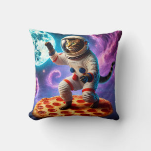 Funny Cat Flying A Pizza Astronaut Kitty Space Throw Pillow