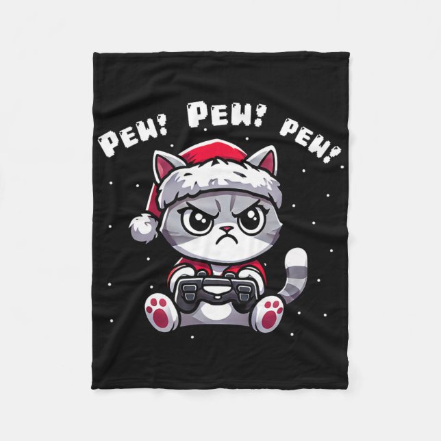 Funny Cat Gamer Pew Video Game Christmas Boys Kids Fleece Blanket (Front)