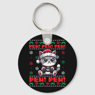 Funny Cat Gamer Pew Video Game Ugly Christmas Boys Keychain