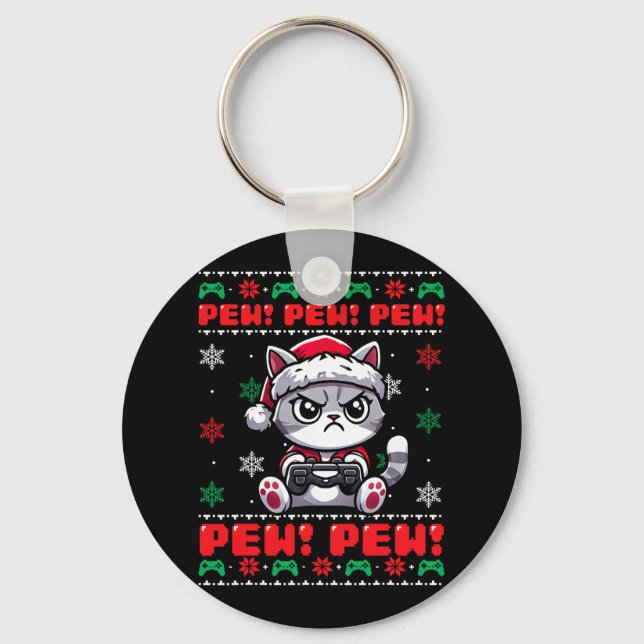 Funny Cat Gamer Pew Video Game Ugly Christmas Boys Keychain (Front)