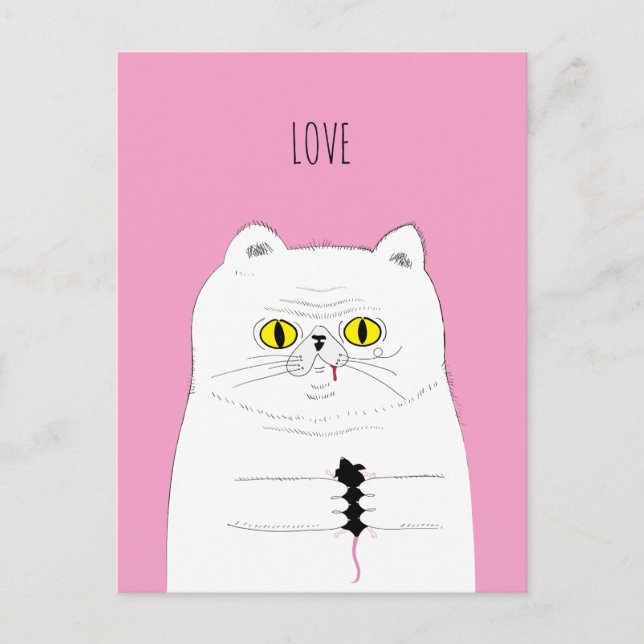 Funny Cat Gifting a Mouse LOVE Postcard (Front)