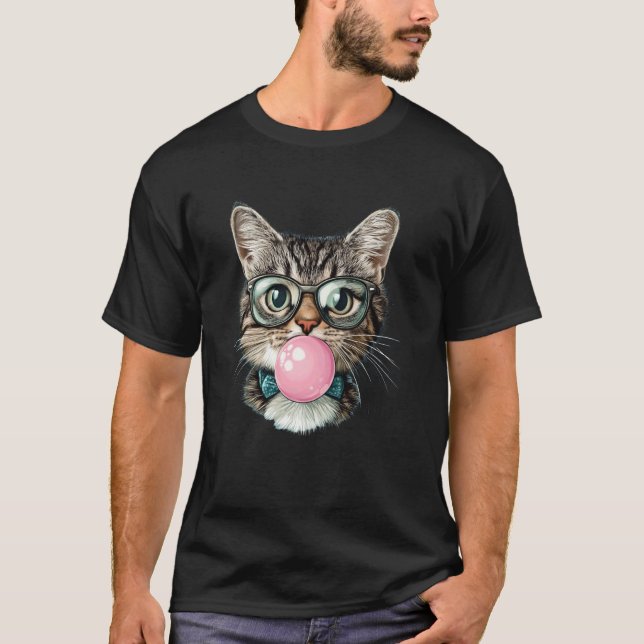 Funny Cat Glasses Bubblegum T-Shirt (Front)