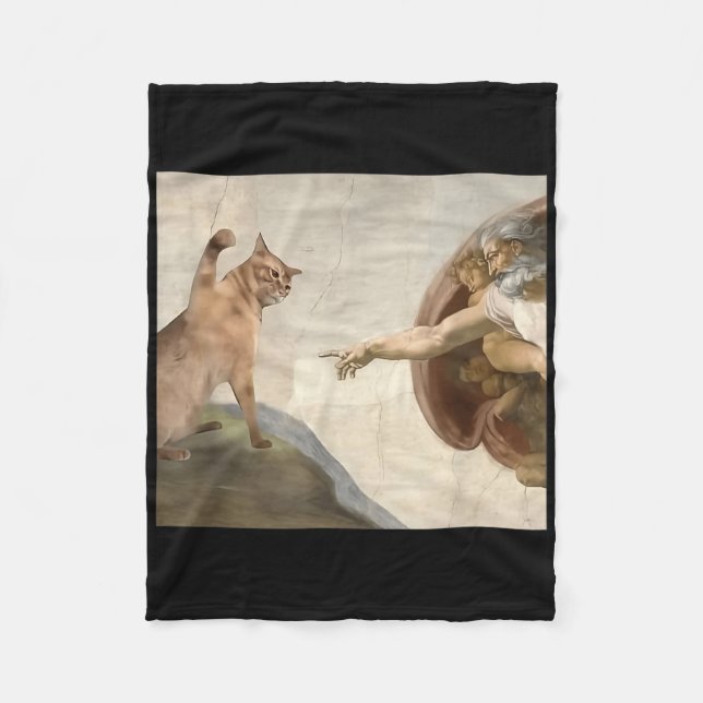 Funny Cat God Creation Of Adam Meme Jesus  Fleece Blanket (Front)