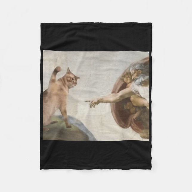 Funny Cat God Creation Of Adam Meme Michelangelo J Fleece Blanket (Front)