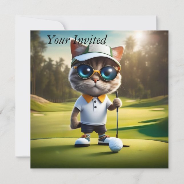 Funny Cat Golf Player, Invitation (Front)
