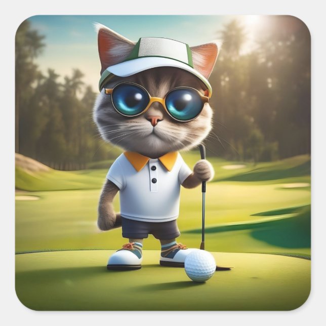 Funny Cat Golf Player, Square Sticker (Front)