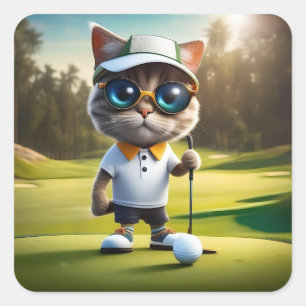 Funny Cat Golf Player, Square Sticker
