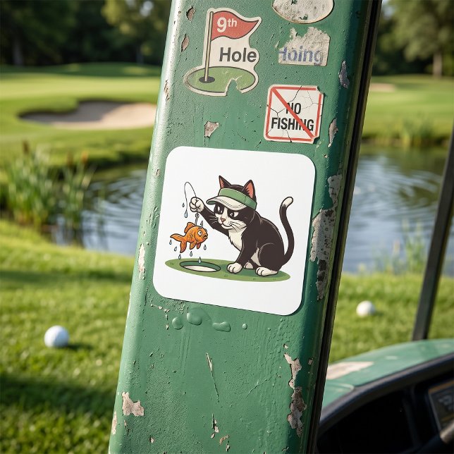 Funny Cat Golfer Fishing Water Hazard Square Sticker (Creator Uploaded)