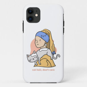 Funny cat hair don't care girl with pearl earring  iPhone 11 case