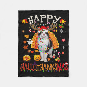 Funny Cat Halloween Christmas Cat Happy Hallothank Fleece Blanket