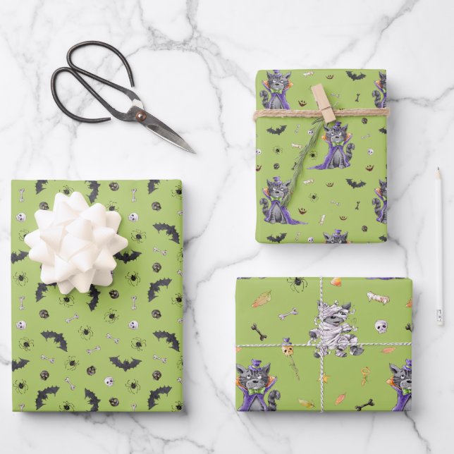 Funny Cat Halloween Wrapping Paper Sheet (Front)