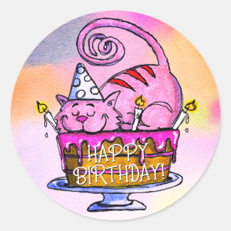 Funny Cat Happy Birthday Cake and Candles Classic Round Sticker
