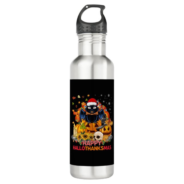 Funny Cat Happy Hallothanksmas Halloween Thanksgiv 710 Ml Water Bottle (Front)
