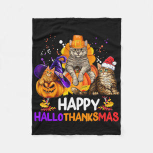 Funny Cat Happy Hallothanksmas Halloween Thanksgiv Fleece Blanket