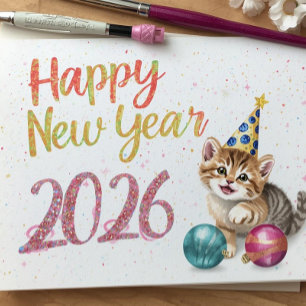 funny cat happy new year Flat Card