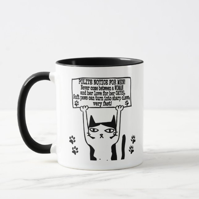 Funny Cat Holding A Warning Banner For Men Mug (Left)