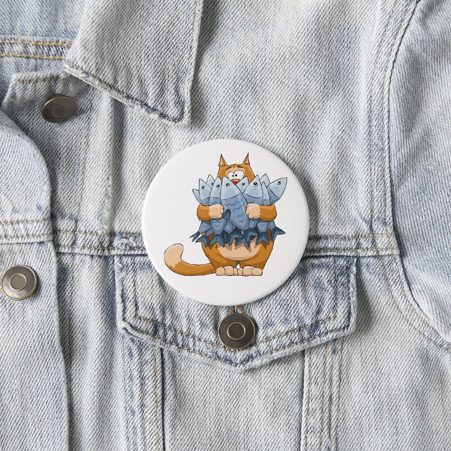 Funny Cat Holding Fish Cartoon Hungry Kitty 3 Inch Round Button (Creator Uploaded)