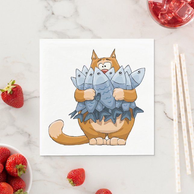 Funny Cat Holding Fish Cartoon Hungry Kitty Napkin (Creator Uploaded)