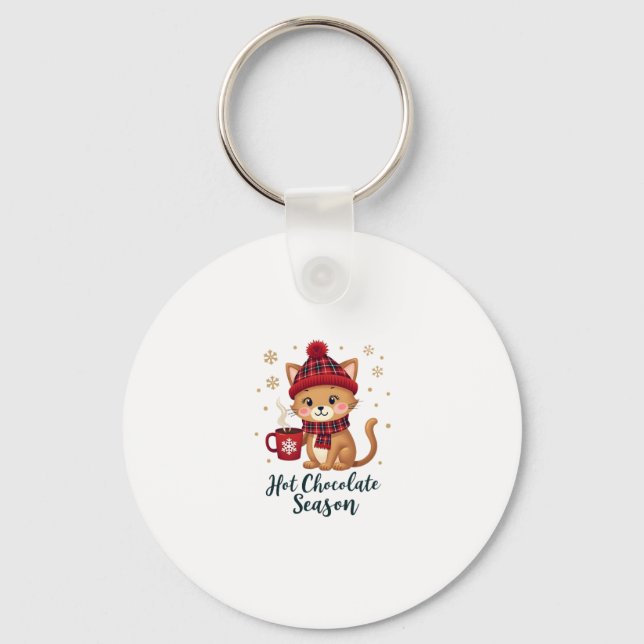 Funny Cat Hot Choco Season Merry Christmas Mom Dad Keychain (Front)