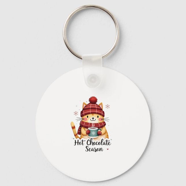 Funny Cat Hot Choco Season Merry Christmas Mom Dad Keychain (Front)