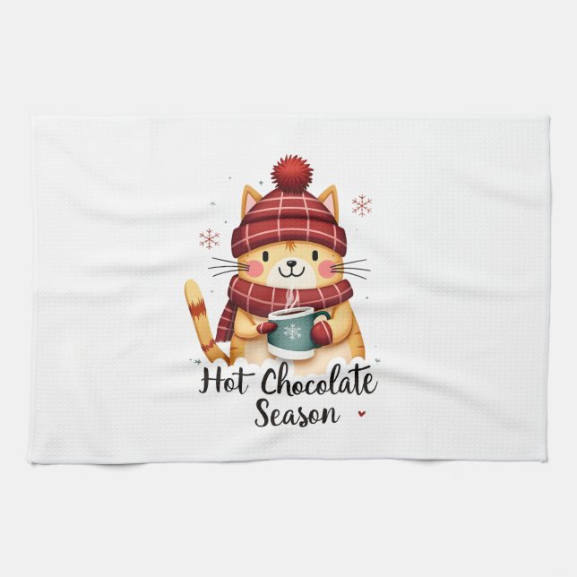 Funny Cat Hot Choco Season Merry Christmas Mom Dad Kitchen Towel (Horizontal)