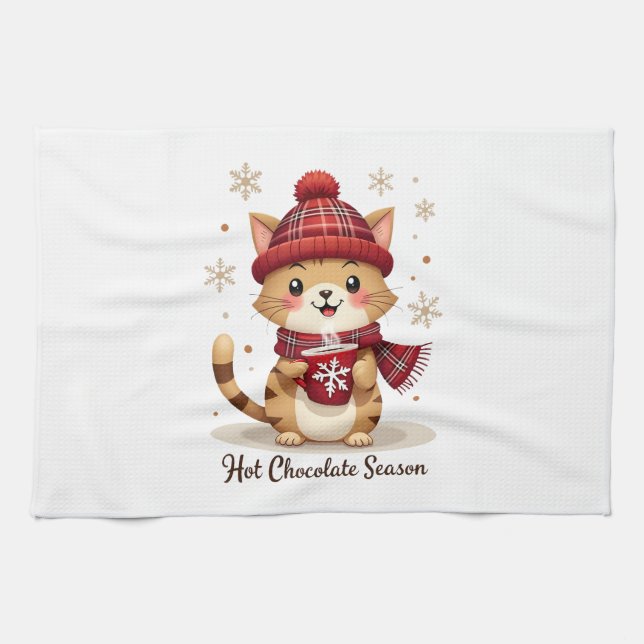 Funny Cat Hot Choco Season Merry Christmas Mom Dad Kitchen Towel (Horizontal)