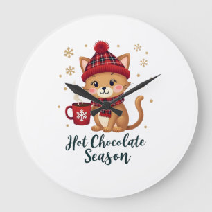 Funny Cat Hot Choco Season Merry Christmas Mom Dad Large Clock