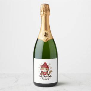Funny Cat Hot Choco Season Merry Christmas Mom Dad Sparkling Wine Label