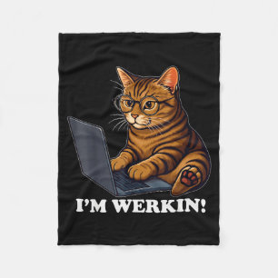 Funny Cat Im Werkin Working From Home Cat On Lapto Fleece Blanket