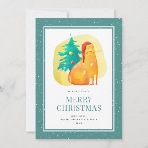 Funny Cat In a Hat Green Merry Christmas Card