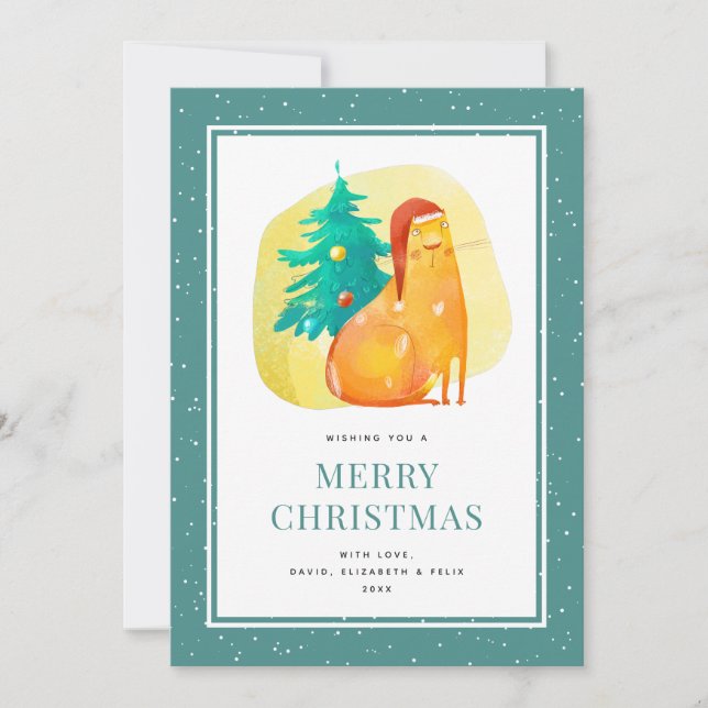 Funny Cat In a Hat Green Merry Christmas Card (Front)