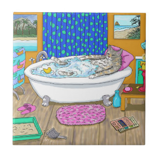 Funny Cat in Bath 665 Tile