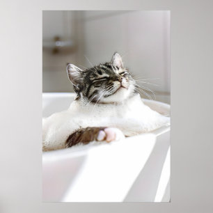 Funny Cat in Bathtub Wall Art, Cute Bathroom Poster