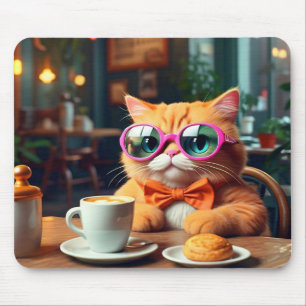 Funny Cat in Cafe with Coffee Mouse Pad
