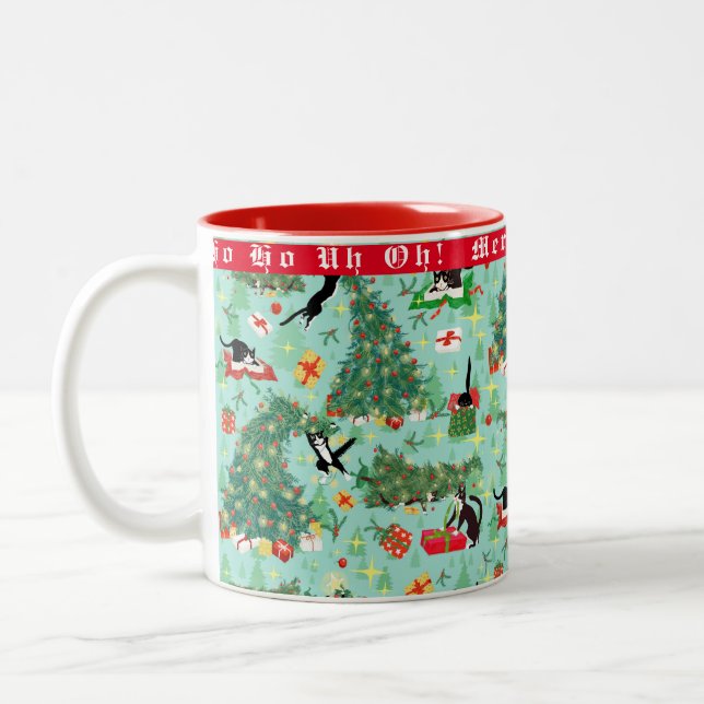 Funny Cat in Christmas Tree Custom Two-Tone Coffee Mug (Left)