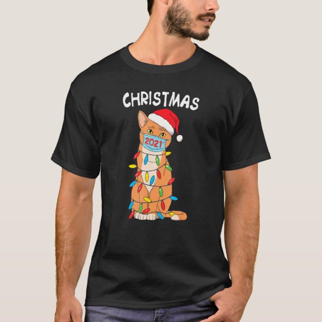Funny Cat In Face Mask And Santa Hat Christmas 202 T-Shirt (Front)