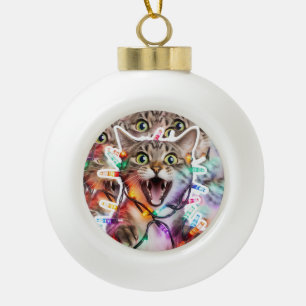Funny Cat in Lights Holiday Ceramic Ball Christmas Ornament