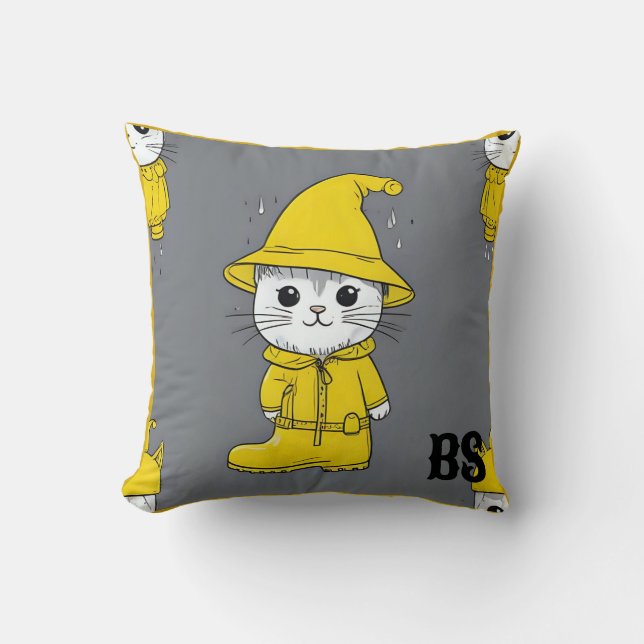 Funny Cat in Rain Boots – cat Humour Throw Pillow (Front)