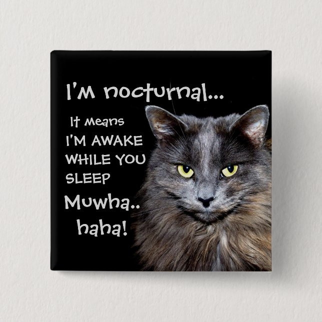 Funny Cat is Nocturnal Evil Laugh 2 Inch Square Button (Front)