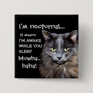Funny Cat is Nocturnal Evil Laugh 2 Inch Square Button