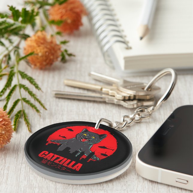 Funny Cat Japanese Themed Catzilla Monster Keychain (Front Right)