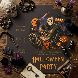 Funny Cat & Jason Voorhees Say Boop! Halloween Invitation