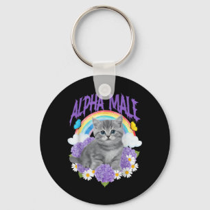 Funny Cat Kitten Rainbow Floral Alpha Male Keychain