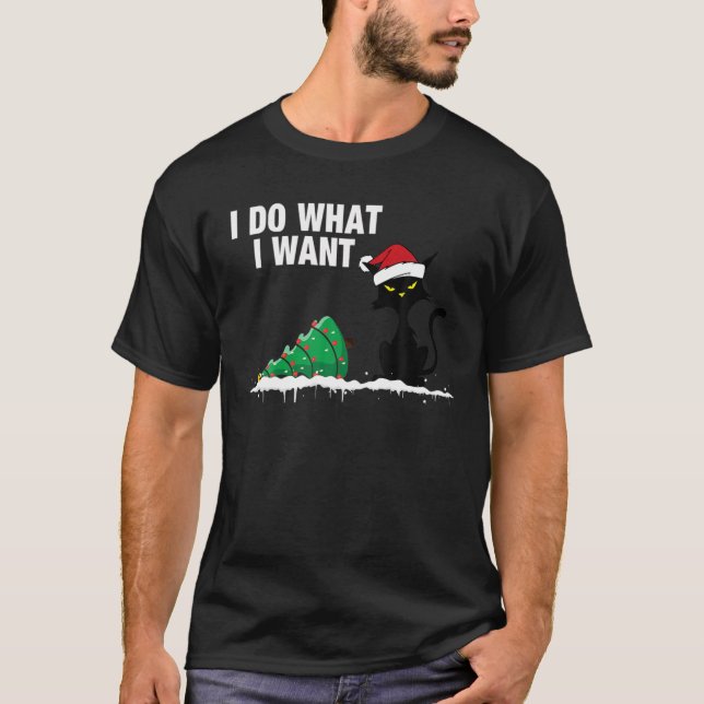 Funny Cat Knocking Over Christmas Tree T-Shirt (Front)