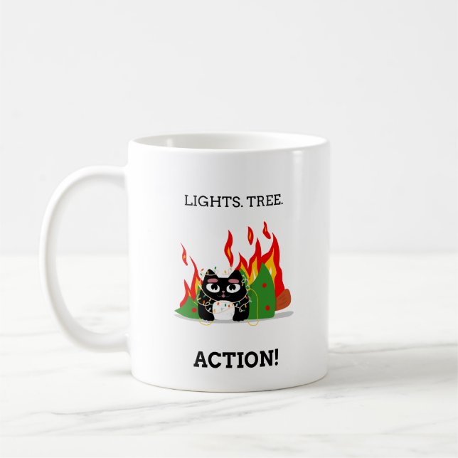 Funny Cat - Lights. Tree. Action! Christmas Coffee Mug (Left)