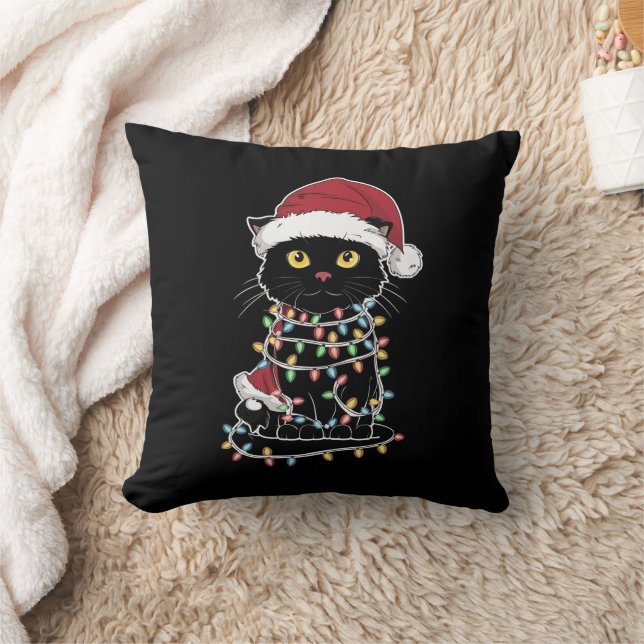 Funny Cat Lover Christmas Lights Throw Pillow (Blanket)