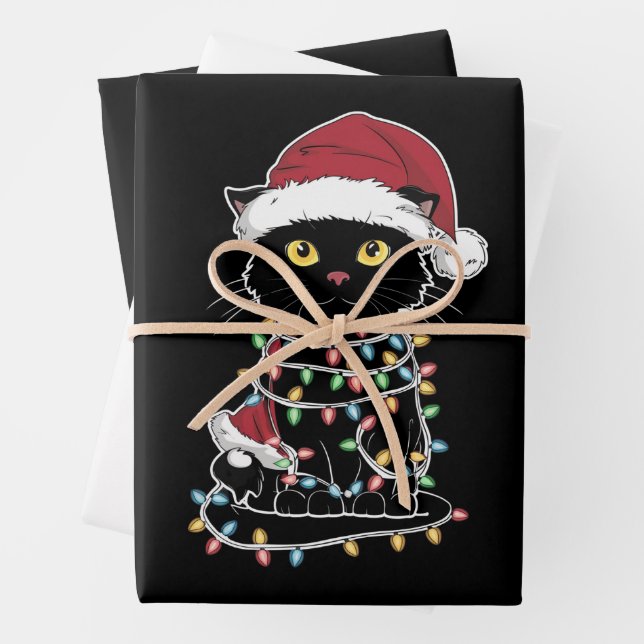 Funny Cat Lover Christmas Lights Wrapping Paper Sheet (In situ)
